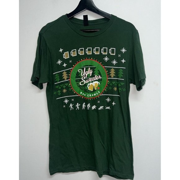 Ugly Christmas Sweater Shirt Adult Medium Bar Pub Crawl Green Short Sleeve Mens - Picture 2 of 5
